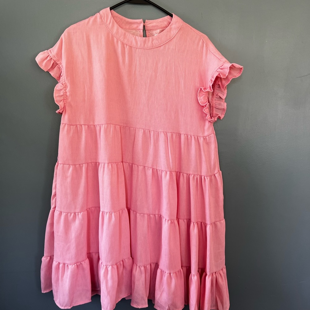 🌸Pink baby doll dress, small, short sleeve, ruffles, Foteisy